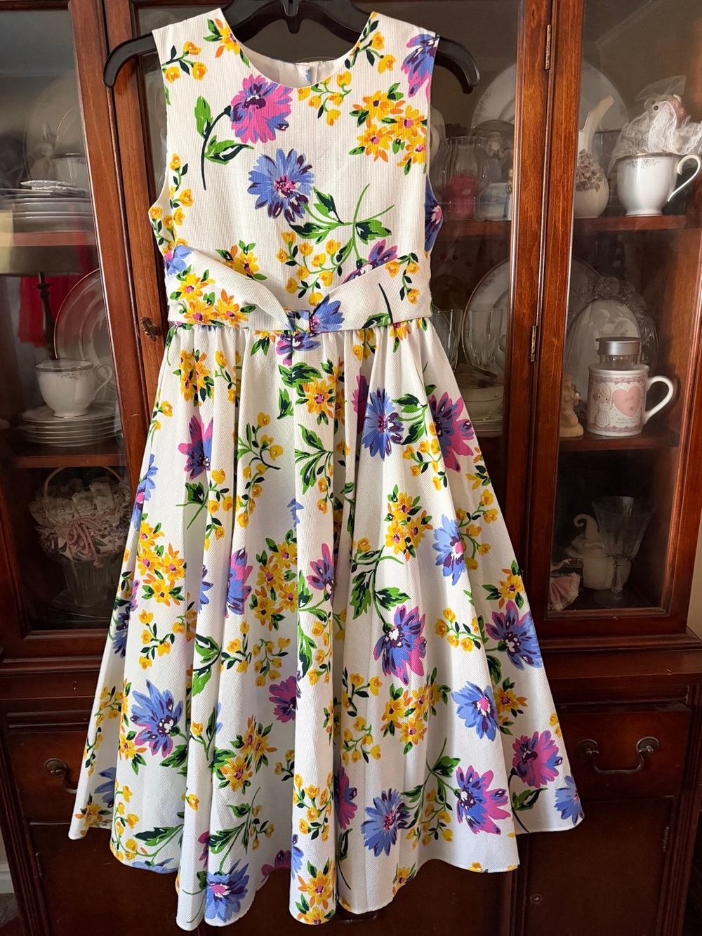 Girls White Floral Fit-and-Flare Dress with Purple & Yellow Blooms